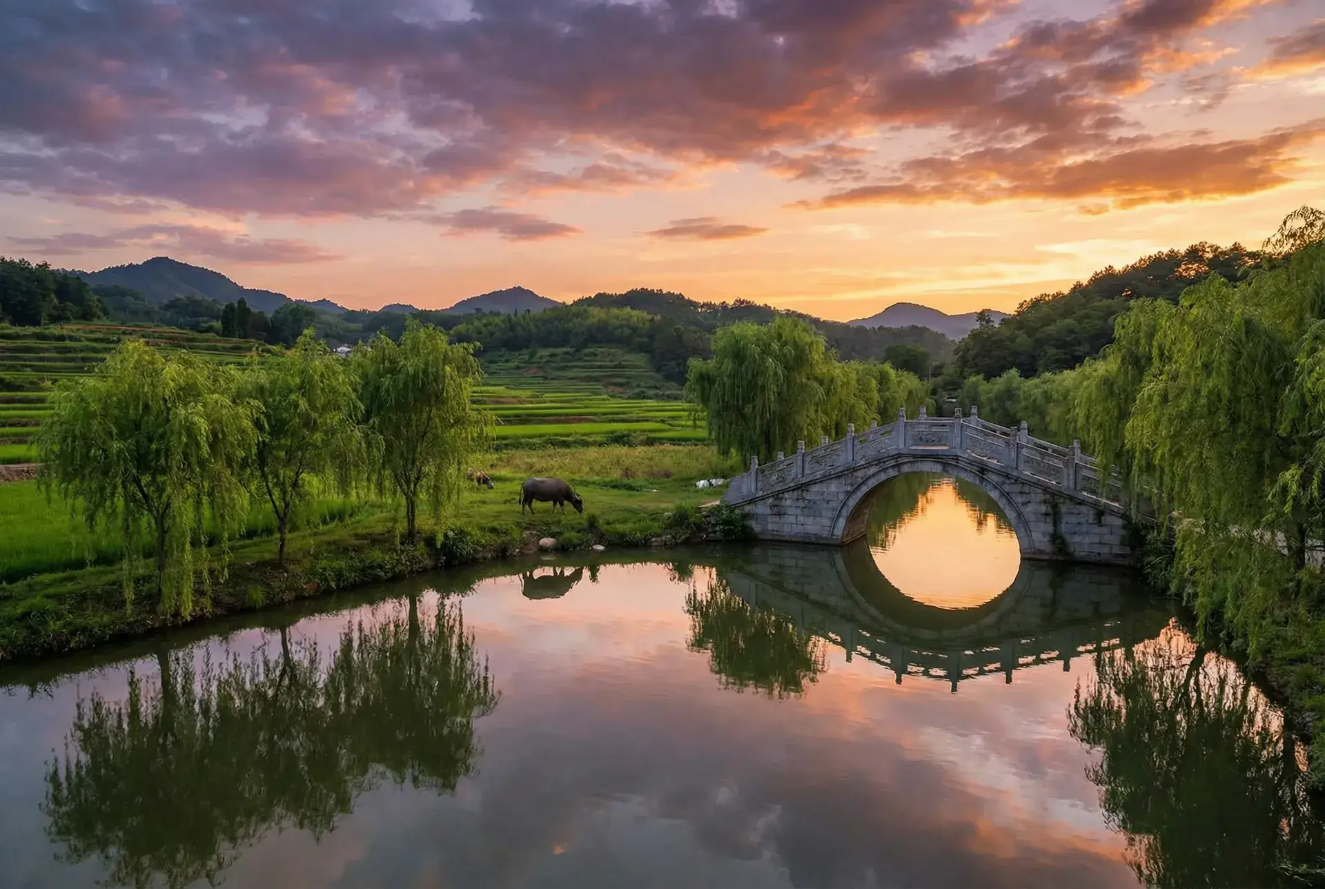 夕阳下的石拱桥与垂柳，水牛在河边吃草 - 51大赛网址 乡村美景